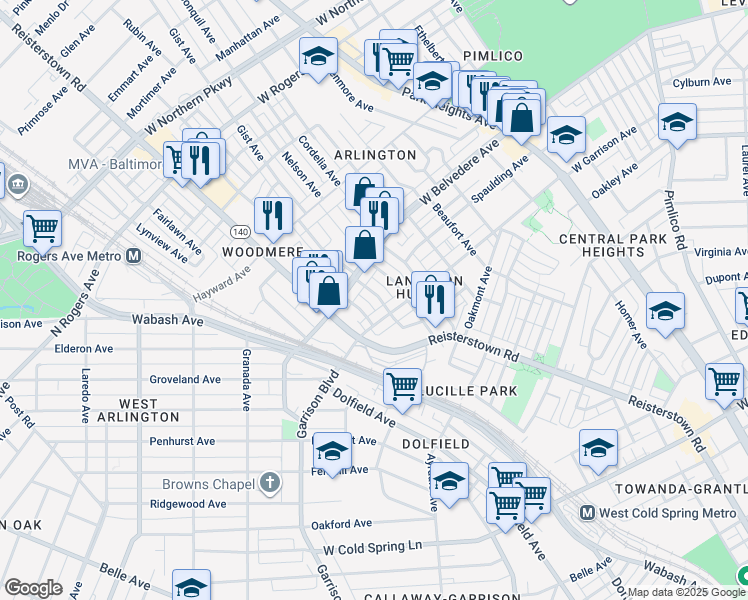 map of restaurants, bars, coffee shops, grocery stores, and more near 5110 Arbutus Avenue in Baltimore