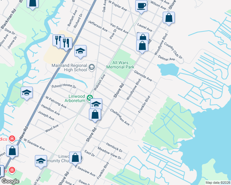 map of restaurants, bars, coffee shops, grocery stores, and more near 1333 Shore Road in Linwood