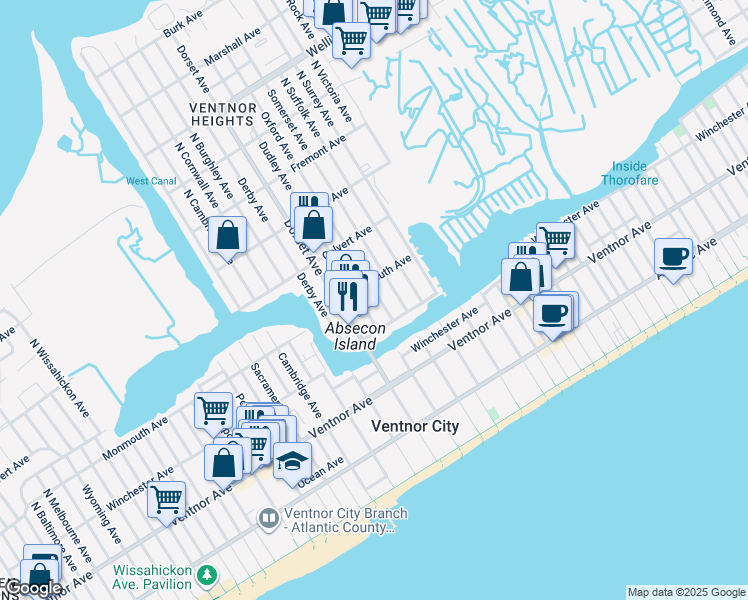 map of restaurants, bars, coffee shops, grocery stores, and more near 122 North Oxford Avenue in Ventnor City
