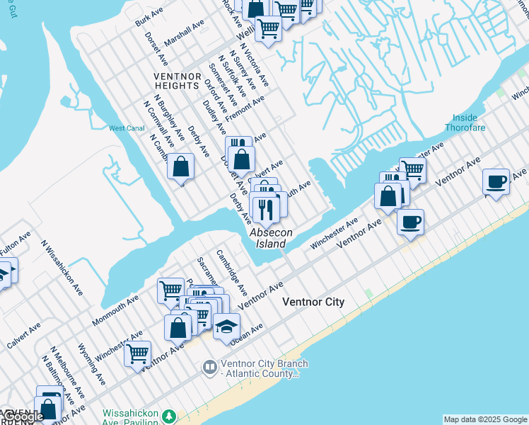 map of restaurants, bars, coffee shops, grocery stores, and more near 5812 Monmouth Avenue in Ventnor City