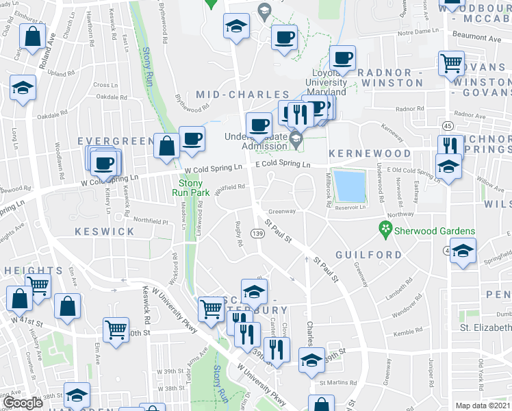 map of restaurants, bars, coffee shops, grocery stores, and more near N Charles St & St Paul St in Baltimore