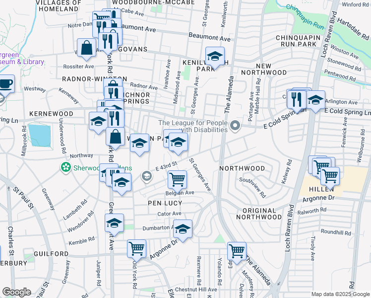 map of restaurants, bars, coffee shops, grocery stores, and more near 4404 Saint Georges Avenue in Baltimore