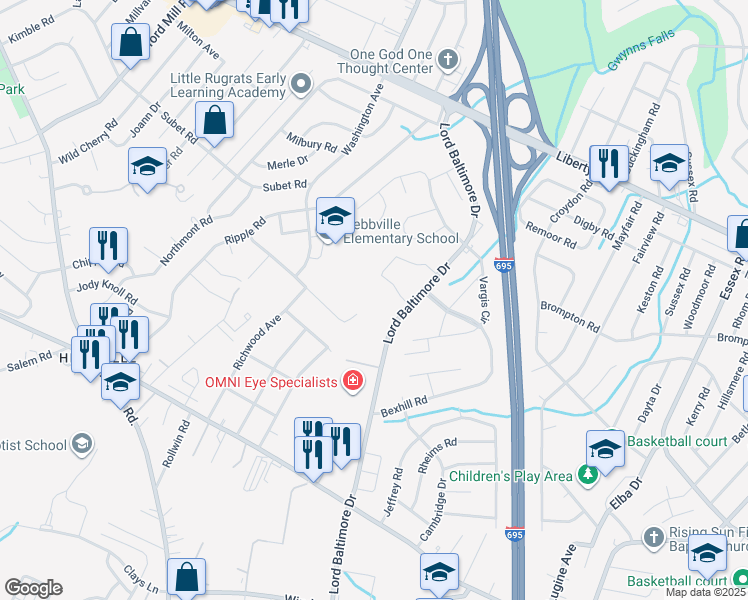 map of restaurants, bars, coffee shops, grocery stores, and more near 3300 Lord Baltimore Drive in Milford Mill