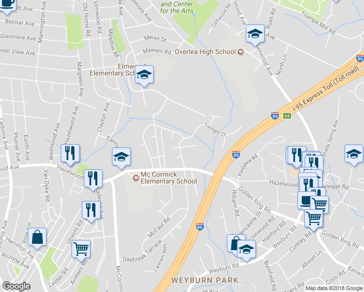 map of restaurants, bars, coffee shops, grocery stores, and more near 17 Morning Star Court in Baltimore