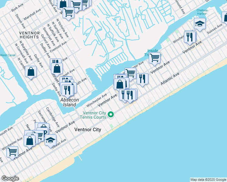 map of restaurants, bars, coffee shops, grocery stores, and more near 6 North Victoria Avenue in Ventnor City