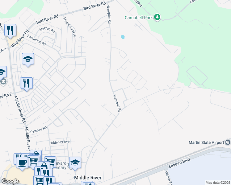 map of restaurants, bars, coffee shops, grocery stores, and more near 719 Wampler Road in Middle River