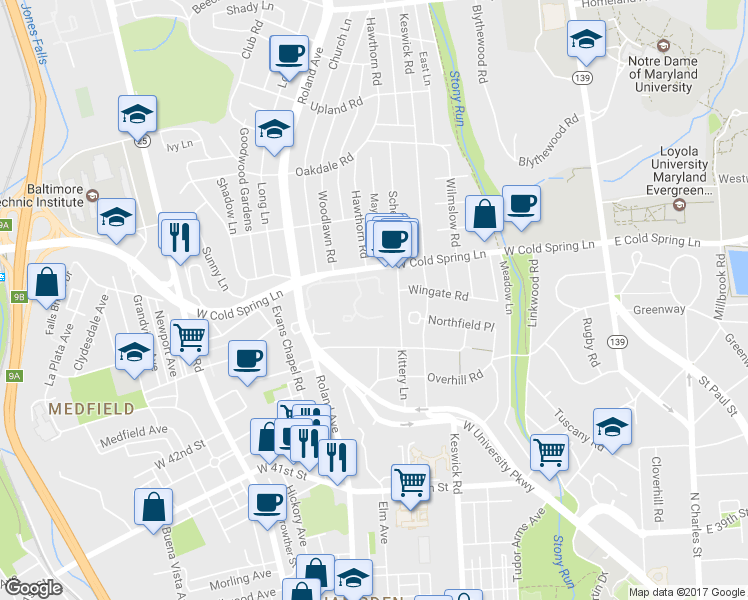 map of restaurants, bars, coffee shops, grocery stores, and more near 617 Stoney Spring Drive in Baltimore