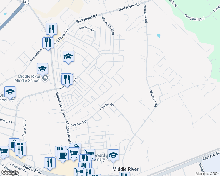 map of restaurants, bars, coffee shops, grocery stores, and more near 9806 Davison Road in Middle River