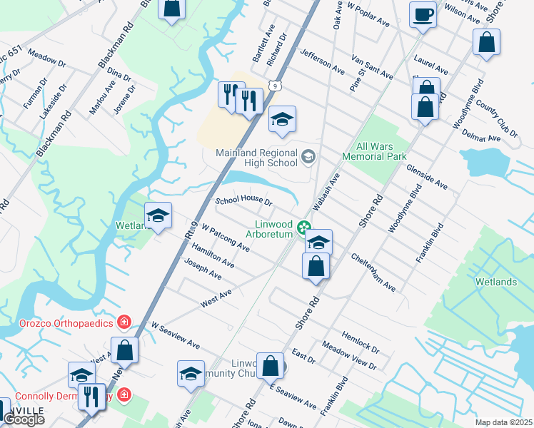 map of restaurants, bars, coffee shops, grocery stores, and more near 200 Morris Avenue in Linwood