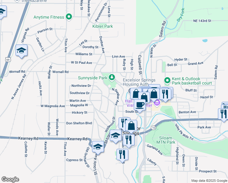 map of restaurants, bars, coffee shops, grocery stores, and more near 210 Dunbar Avenue in Excelsior Springs