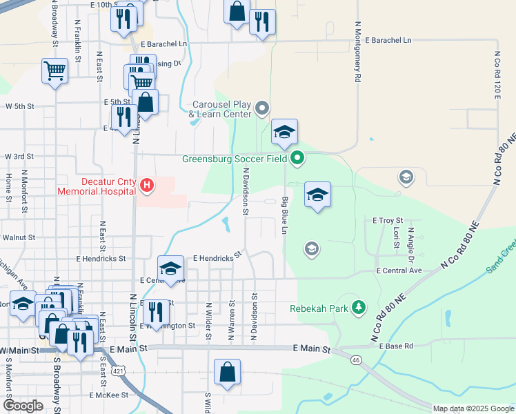 map of restaurants, bars, coffee shops, grocery stores, and more near 800 North Davidson Street in Greensburg