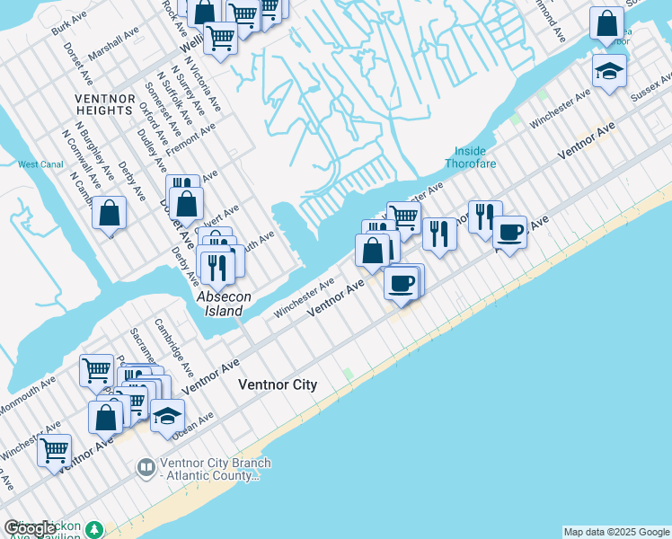 map of restaurants, bars, coffee shops, grocery stores, and more near 5401 Winchester Avenue in Ventnor City