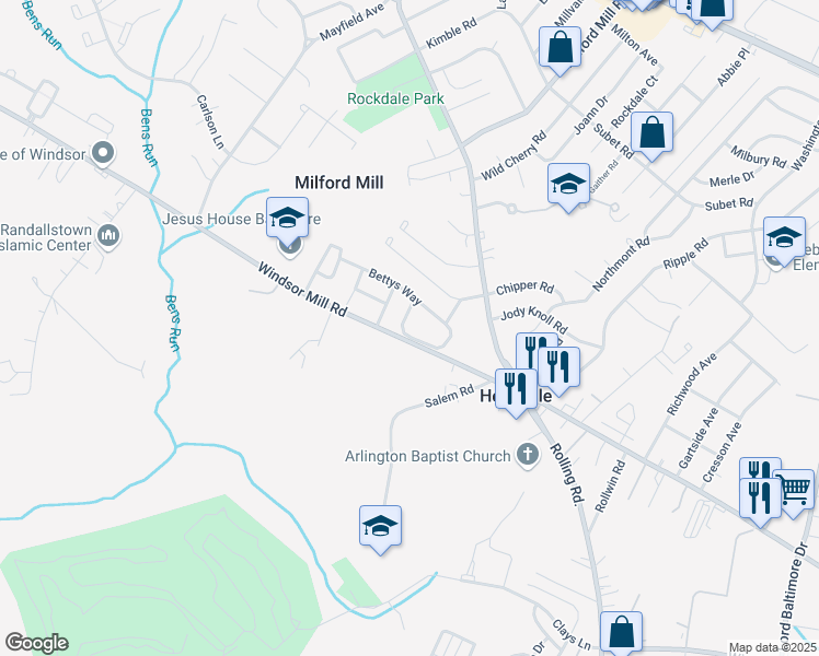 map of restaurants, bars, coffee shops, grocery stores, and more near 3129 Buds Circle in Milford Mill