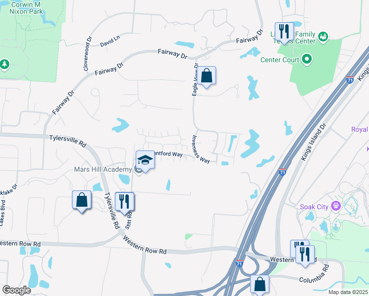 map of restaurants, bars, coffee shops, grocery stores, and more near 6333 Inverness Way in Mason