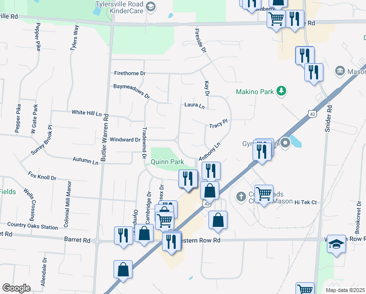 map of restaurants, bars, coffee shops, grocery stores, and more near 1302 Anthony Lane in Mason