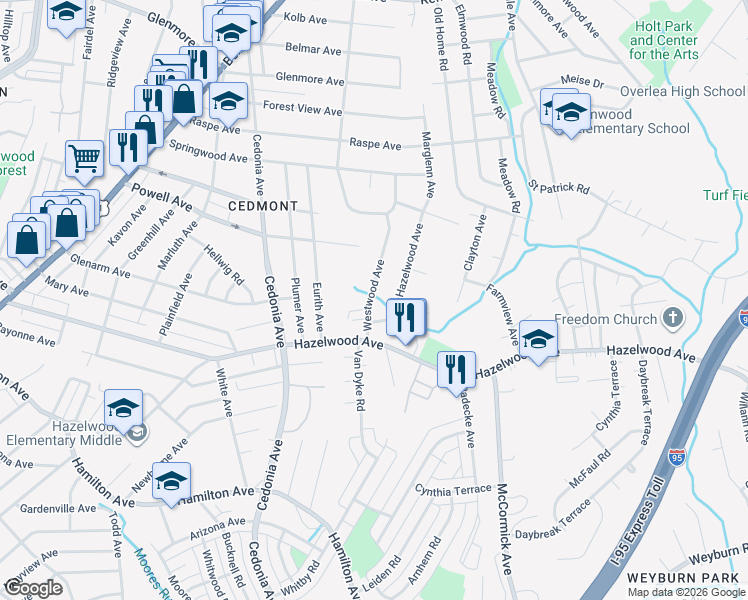map of restaurants, bars, coffee shops, grocery stores, and more near 5819 Westwood Avenue in Baltimore