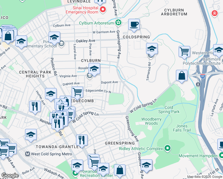 map of restaurants, bars, coffee shops, grocery stores, and more near 4546 The Strand in Baltimore