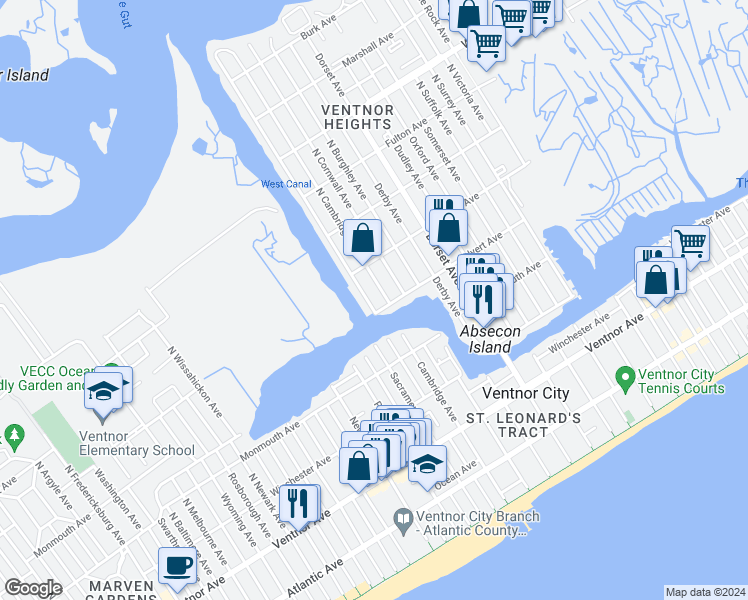 map of restaurants, bars, coffee shops, grocery stores, and more near 303 North Harvard Avenue in Ventnor City
