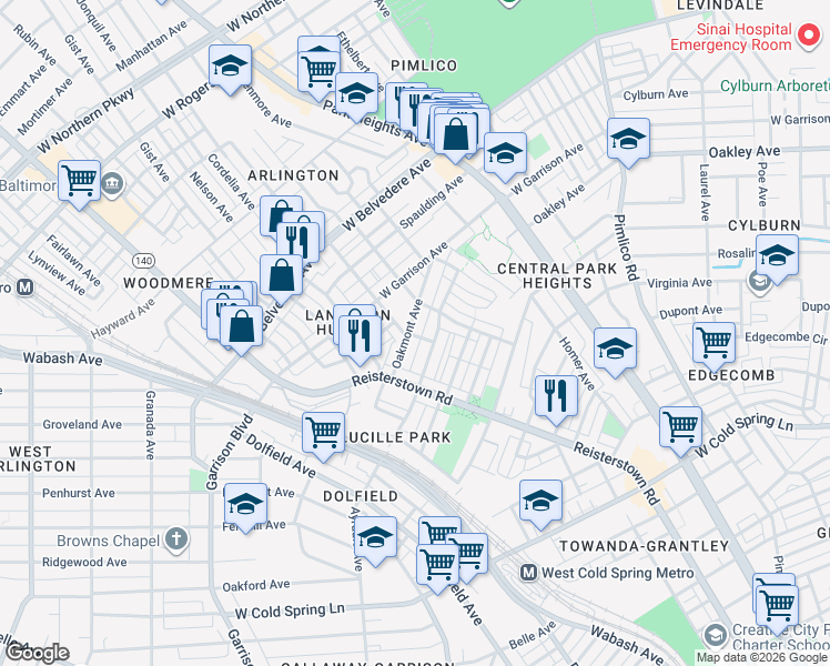 map of restaurants, bars, coffee shops, grocery stores, and more near 3627 Oakmont Avenue in Baltimore