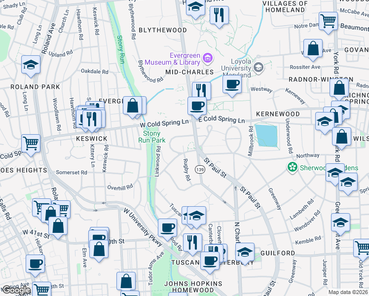 map of restaurants, bars, coffee shops, grocery stores, and more near 10 Overhill Road in Baltimore