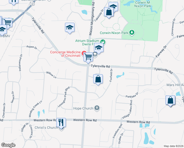 map of restaurants, bars, coffee shops, grocery stores, and more near 6546 Mason Montgomery Road in Mason
