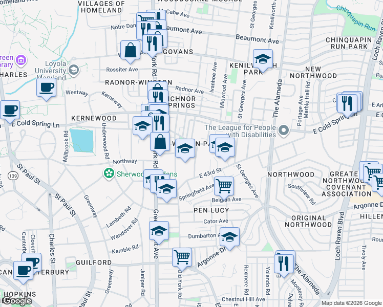map of restaurants, bars, coffee shops, grocery stores, and more near 4438 Wrenwood Ave in Baltimore