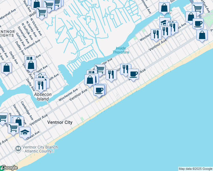 map of restaurants, bars, coffee shops, grocery stores, and more near 24 South Oakland Avenue in Ventnor City