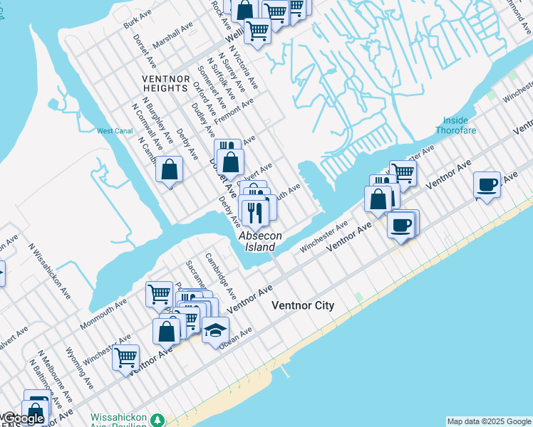 map of restaurants, bars, coffee shops, grocery stores, and more near 122 North Oxford Avenue in Ventnor City
