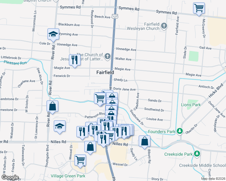 map of restaurants, bars, coffee shops, grocery stores, and more near 4950 Pleasant Avenue in Fairfield