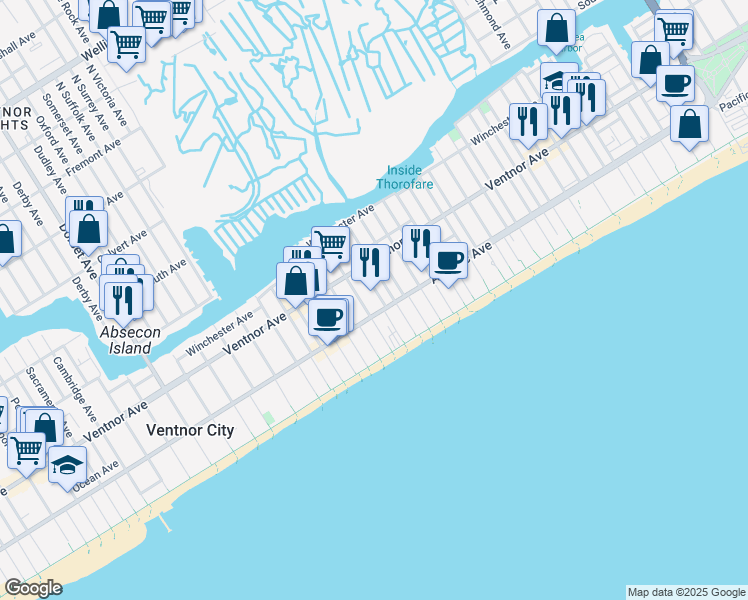 map of restaurants, bars, coffee shops, grocery stores, and more near 24 South Oakland Avenue in Ventnor City