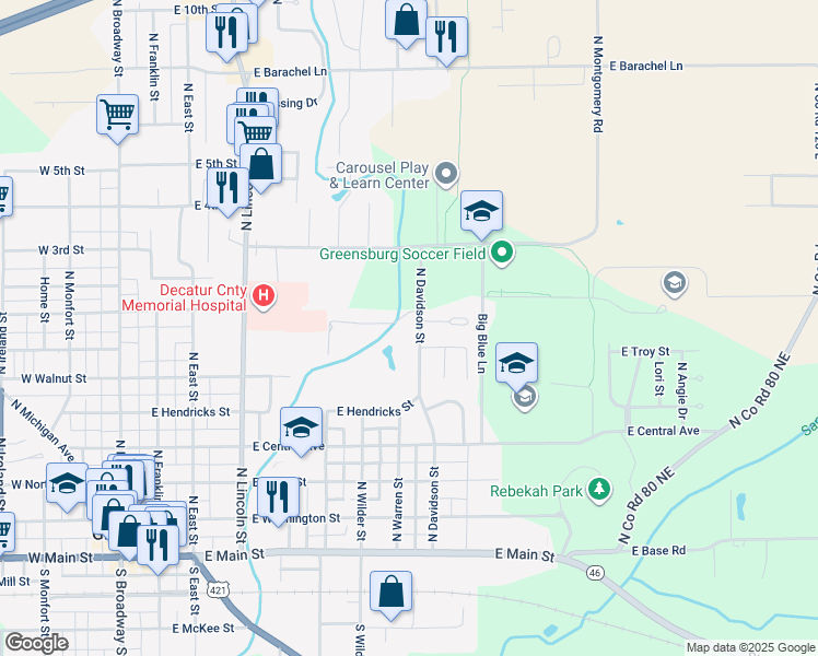 map of restaurants, bars, coffee shops, grocery stores, and more near 705 North Davidson Street in Greensburg