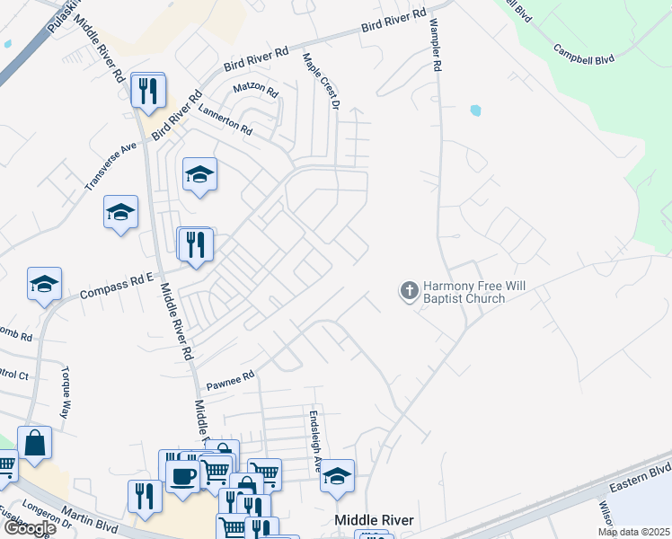 map of restaurants, bars, coffee shops, grocery stores, and more near 9729 Davison Road in Middle River