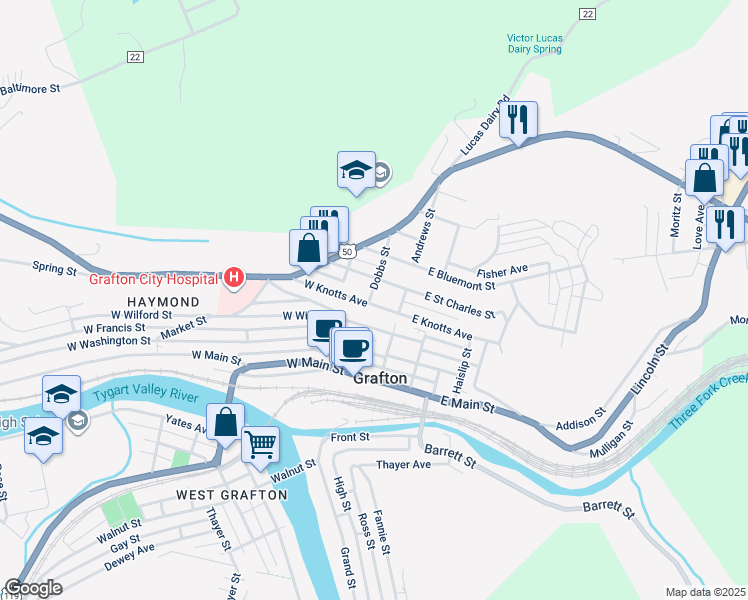 map of restaurants, bars, coffee shops, grocery stores, and more near 27 West Knotts Avenue in Grafton