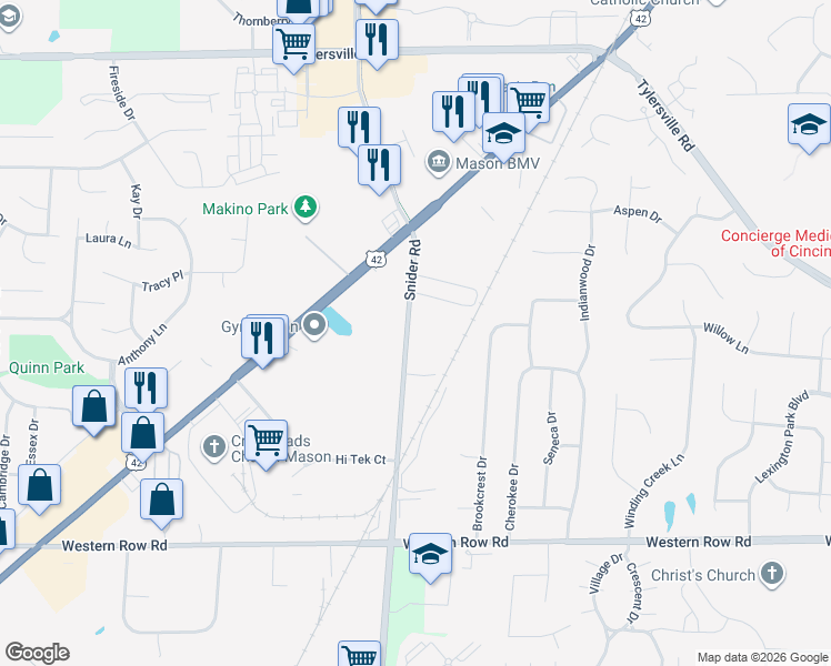 map of restaurants, bars, coffee shops, grocery stores, and more near 850 Snider Road in Mason