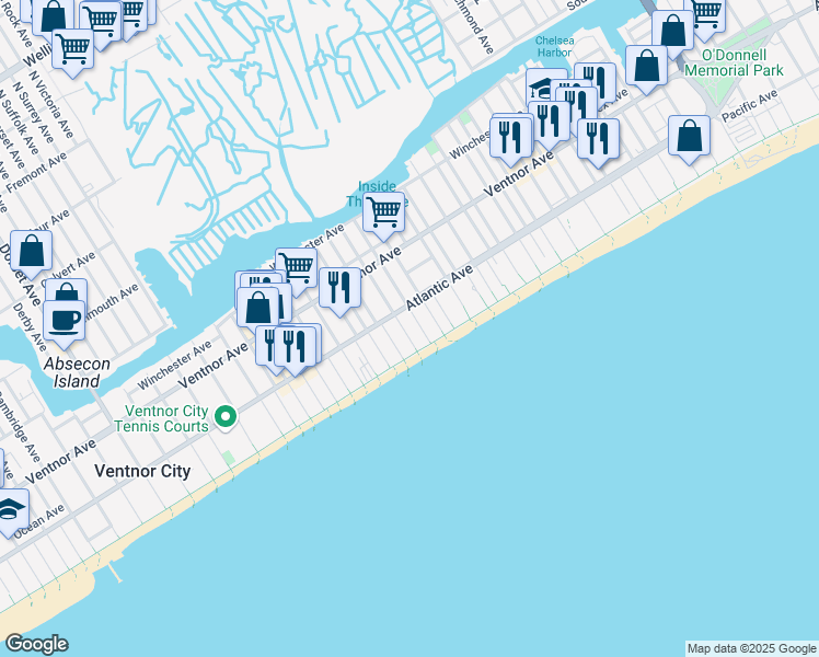 map of restaurants, bars, coffee shops, grocery stores, and more near 107 South Baton Rouge Avenue in Ventnor City