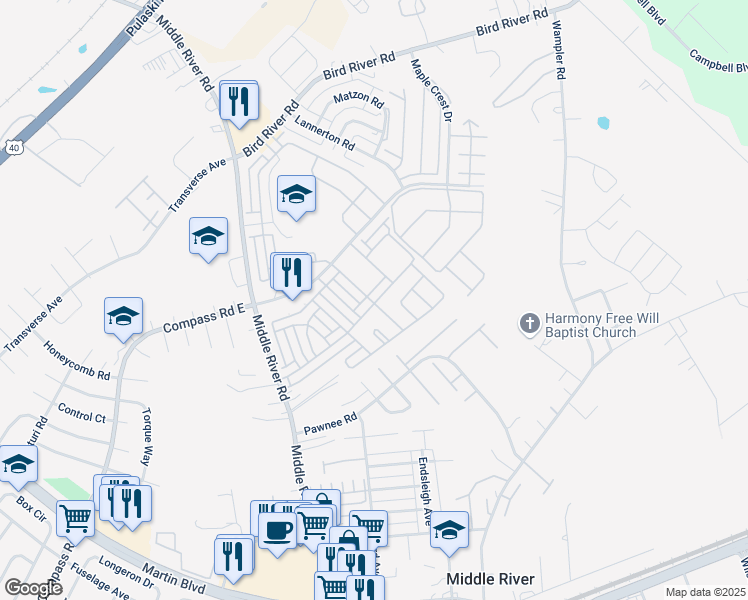 map of restaurants, bars, coffee shops, grocery stores, and more near 9702 Biggs Road in Middle River