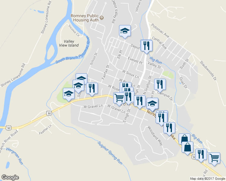 map of restaurants, bars, coffee shops, grocery stores, and more near 272 W Rosemary Ln in Romney