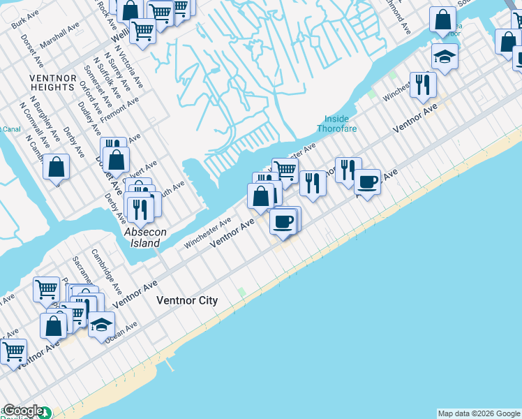 map of restaurants, bars, coffee shops, grocery stores, and more near 1 North Victoria Avenue in Ventnor City