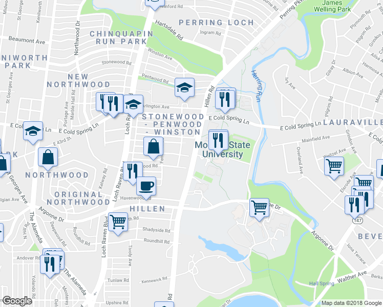map of restaurants, bars, coffee shops, grocery stores, and more near 1654 Northwick Road in Baltimore