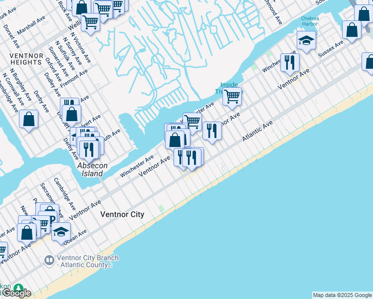 map of restaurants, bars, coffee shops, grocery stores, and more near 3 South Weymouth Avenue in Ventnor City