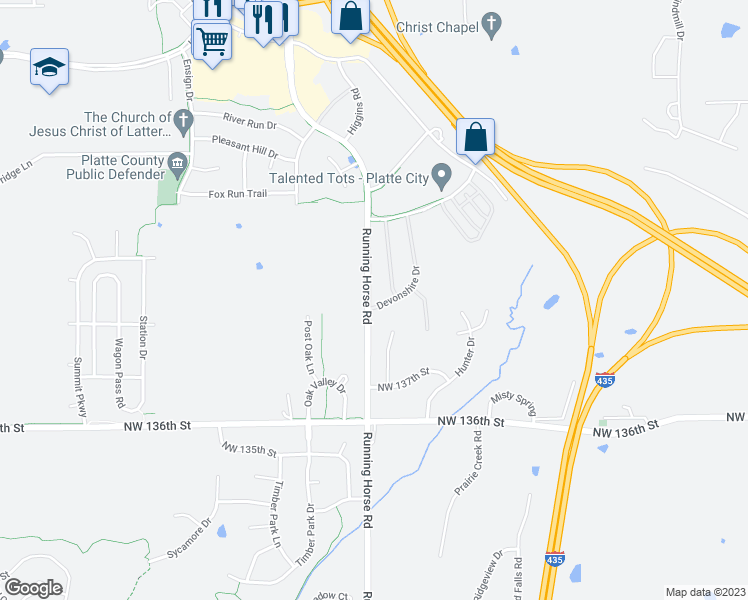 map of restaurants, bars, coffee shops, grocery stores, and more near 3226 Devonshire Drive in Platte City