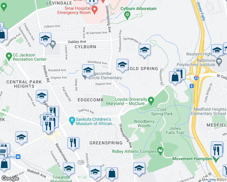 map of restaurants, bars, coffee shops, grocery stores, and more near 4571 Derby Manor Drive in Baltimore