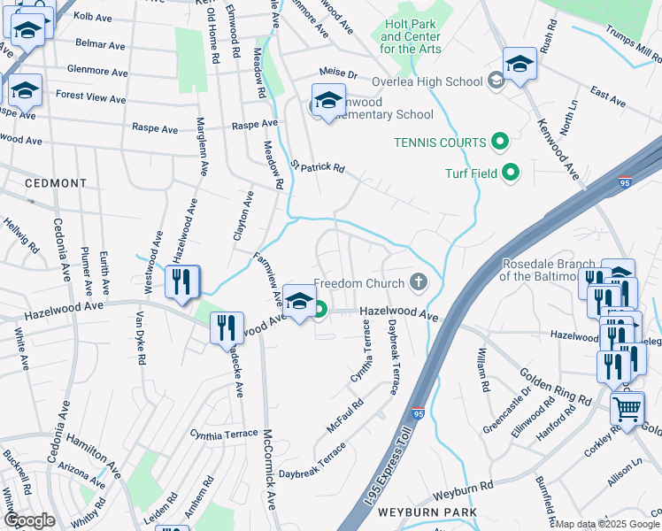 map of restaurants, bars, coffee shops, grocery stores, and more near 5930 Daybreak Terrace in Baltimore