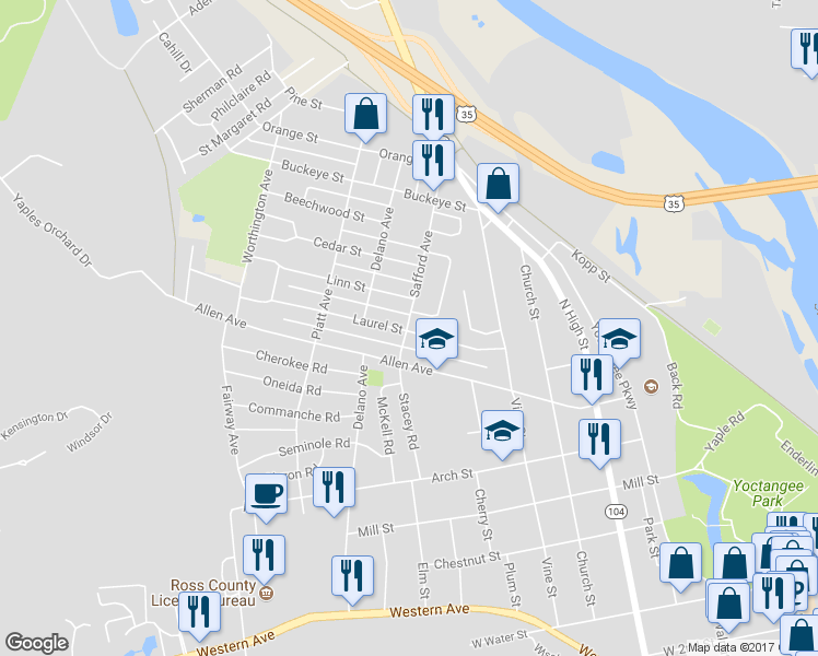 map of restaurants, bars, coffee shops, grocery stores, and more near 507 Laurel Street in Chillicothe