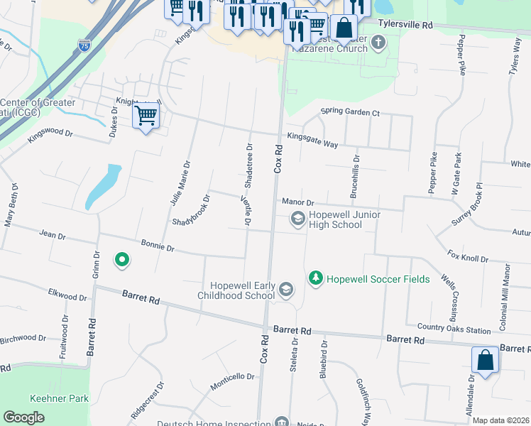 map of restaurants, bars, coffee shops, grocery stores, and more near 8173 Cox Road in Butler County