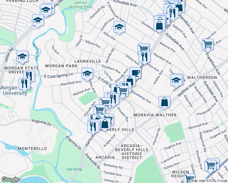 map of restaurants, bars, coffee shops, grocery stores, and more near 2901 E Cold Spring Ln in Baltimore