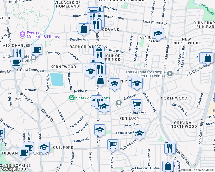 map of restaurants, bars, coffee shops, grocery stores, and more near 4400 Old York Road in Baltimore