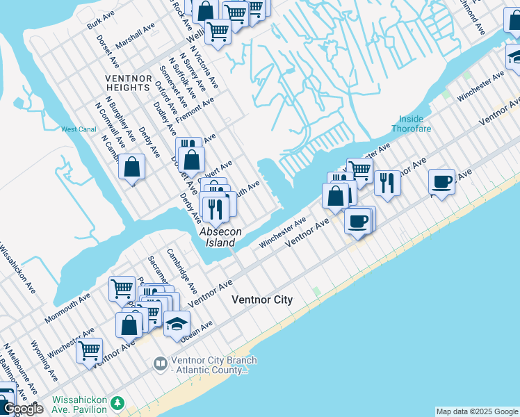 map of restaurants, bars, coffee shops, grocery stores, and more near 104 North Suffolk Avenue in Ventnor City