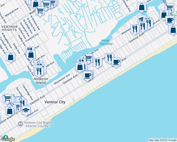 map of restaurants, bars, coffee shops, grocery stores, and more near 3 South Weymouth Avenue in Ventnor City