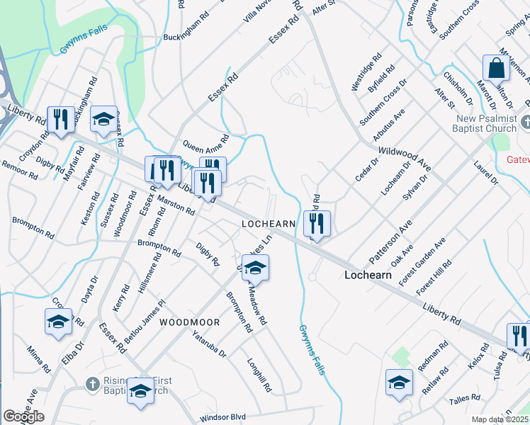 map of restaurants, bars, coffee shops, grocery stores, and more near 6800 Liberty Road in Baltimore